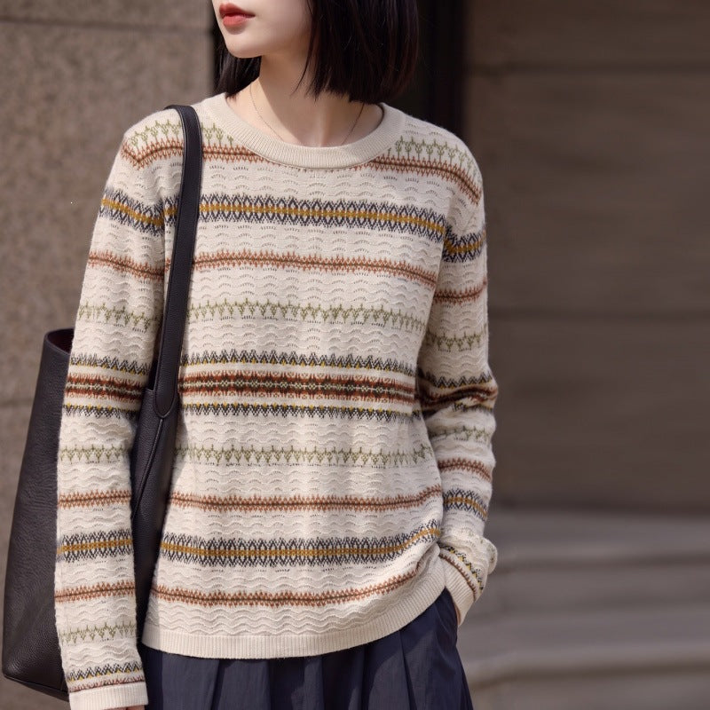 Damen Leichter Fair‑Isle Feinstrickpullover mit Rundhalsausschnitt und feiner Streifenstruktur Drune