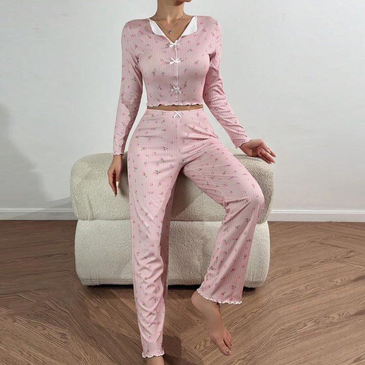 Damen Pyjama-Set mit zarter Rüsche und floralem Muster Drune