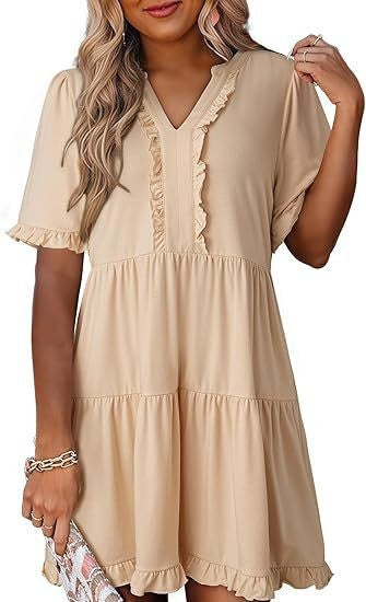Damen nan leichtes Swingkleid mit V-Ausschnitt, gestufter Rockpartie und zarten Volants Drune