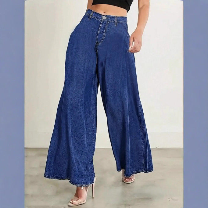 Damen Extraweite High‑Waist Denim‑Palazzohose mit fließendem Tellerfall Drune