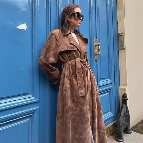 Damen eleganter und taillierter Wildleder-Trenchcoat mit Gürtel Drune