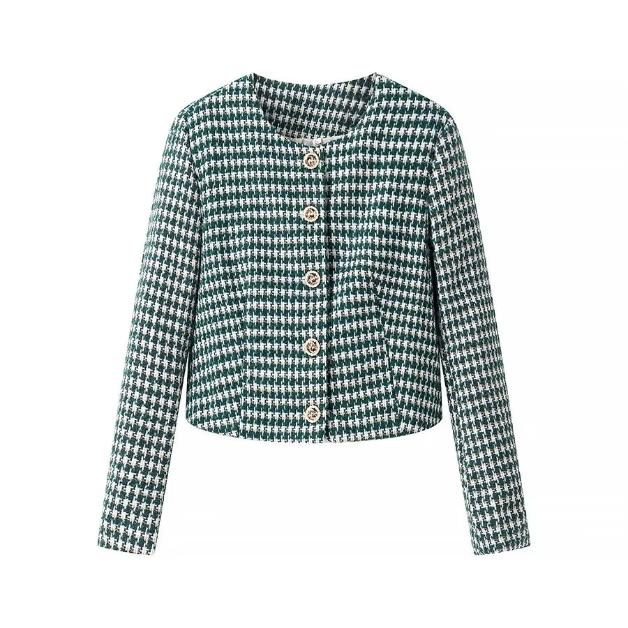 Damen nan kurzer Bouclé-Blazer im Cropped‑Stil mit Hahnentrittmuster, Rundhalsausschnitt und Zierknöpfen Drune