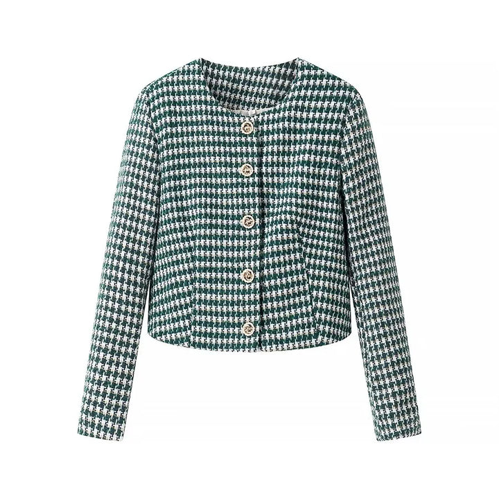 Damen nan kurzer Bouclé-Blazer im Cropped‑Stil mit Hahnentrittmuster, Rundhalsausschnitt und Zierknöpfen Drune