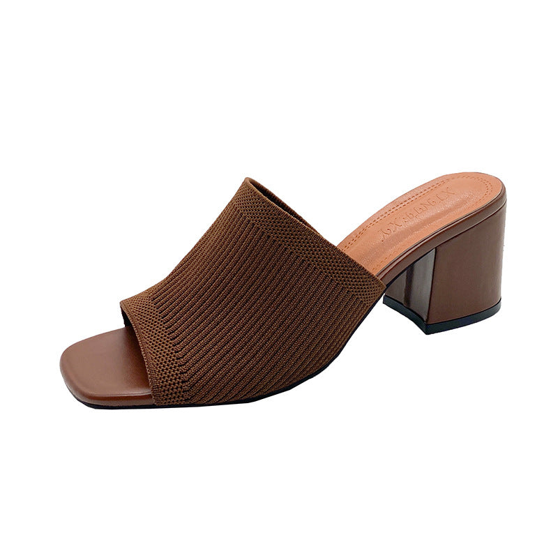 Damen Strick‑Mule mit offenem Zehenbereich und mittelhohem Blockabsatz Drune