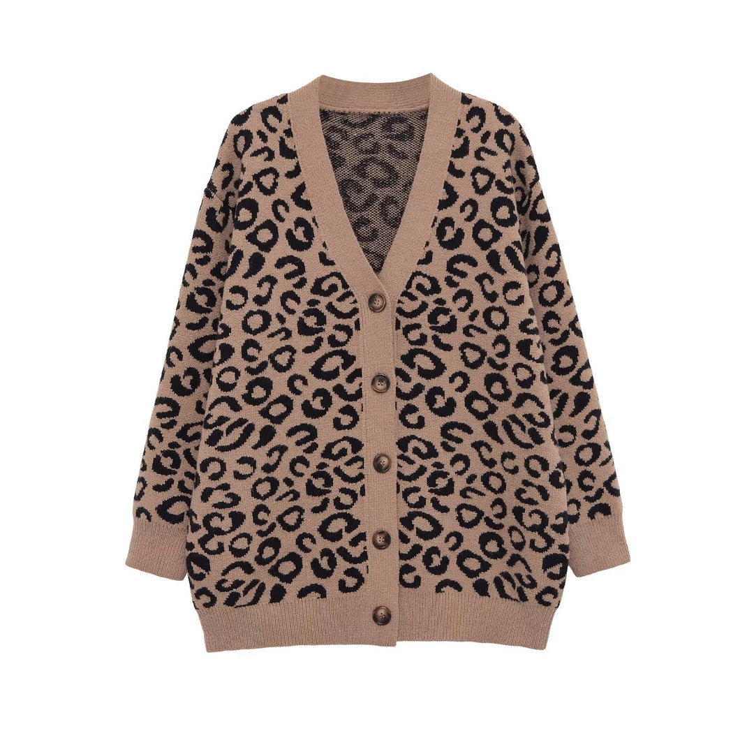 Damen Oversize-Strickcardigan mit Leoprint, V‑Ausschnitt und Knopfleiste Drune