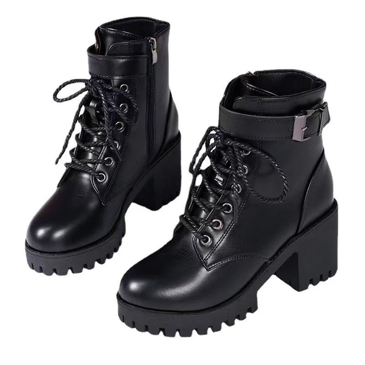 Damen nan Plateau-Schnürstiefelette aus Kunstleder mit profilierter Gummisohle und verstellbarem Schnallenriemen Drune