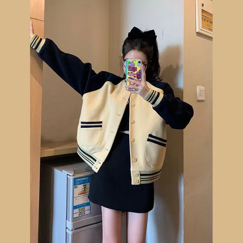 Damen Modisch Oversized Collegejacke mit Knopfverschluss und Kontraststreifen Drune