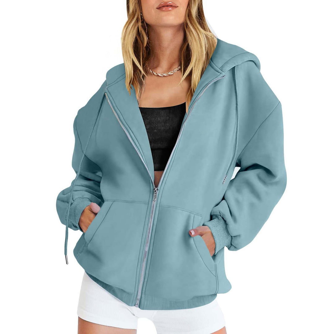 Damen Fleece-Zipjacke im Oversize-Stil mit Kapuze, Kängurutaschen und elastischem Saum Drune