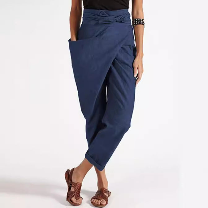Damen nan Wickelhose aus Leinenmix mit hohem Taillenbund, überlappender Vorderseite und großzügiger Eingrifftasche Drune