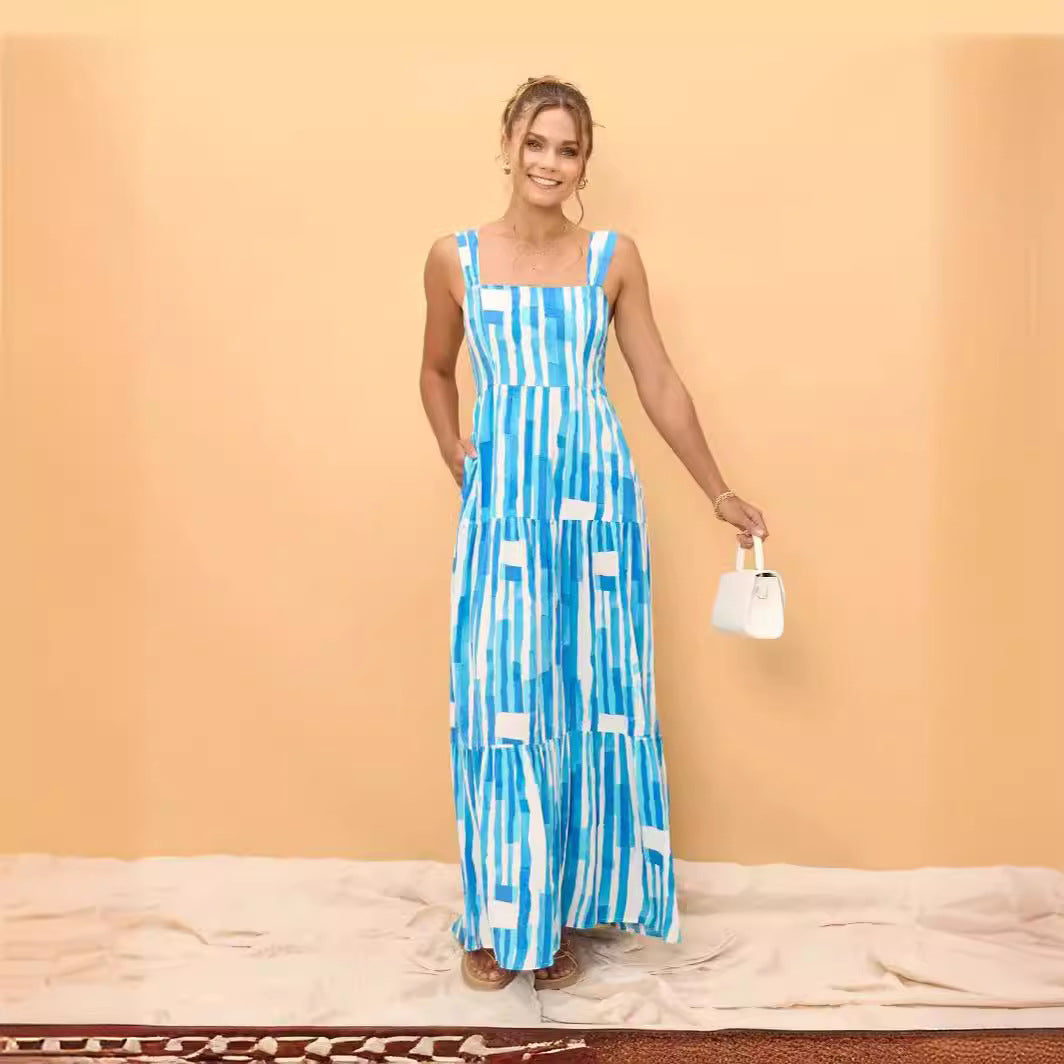 Damen Maxikleid mit verstellbaren Trägern und einzigartigem Streifenmuster Drune