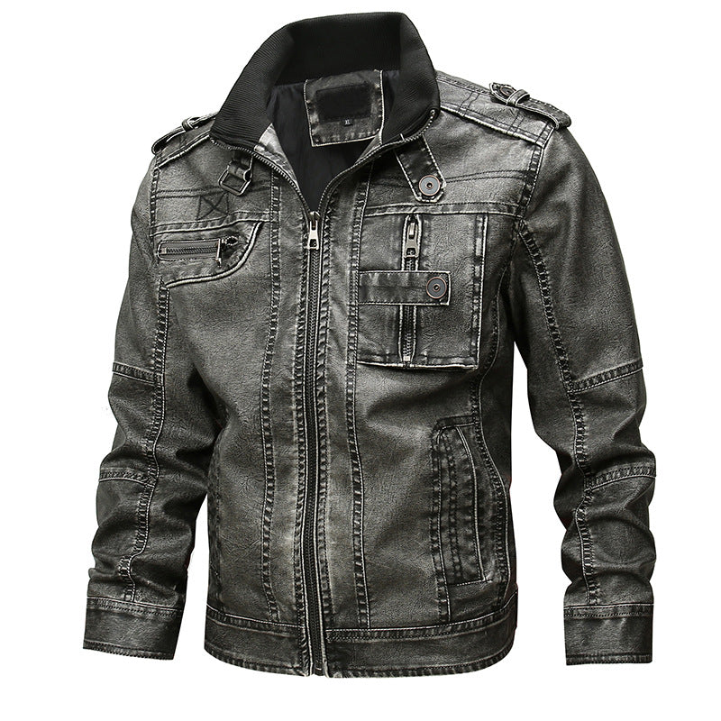 Herren Lässige Kunstleder-Bikerjacke mit Stehkragen, Reißverschluss-Front und Utility-Taschen Drune