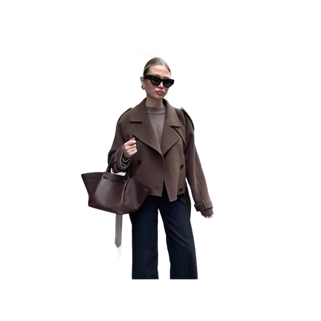 Damen elegante und vielseitige Wolljacke mit doppelter Knopfleiste und breitem Kragen Drune