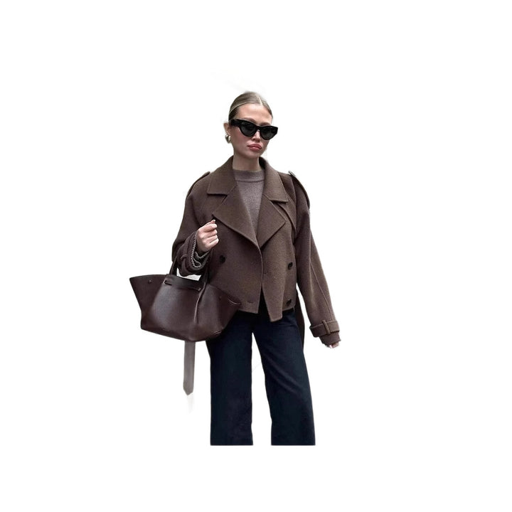 Damen elegante und vielseitige Wolljacke mit doppelter Knopfleiste und breitem Kragen Drune
