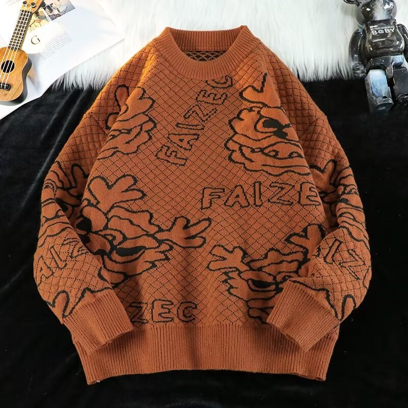Unisex Oversized Jacquard-Strickpullover mit Allover-Motiv und Rippbündchen Drune