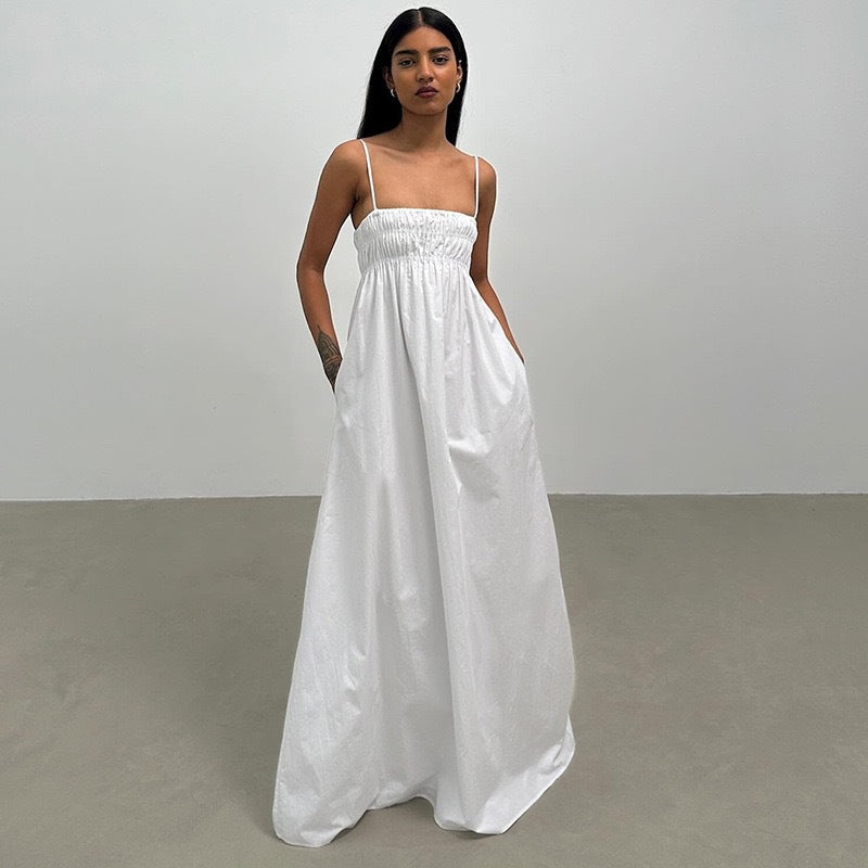 Damen luftiges Maxi-Kleid mit elastischem Oberteil und praktischen Taschen Drune