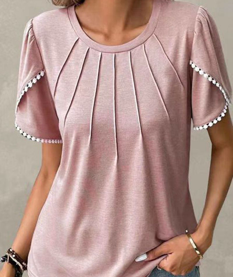 Damen nan Rundhals-Shirt mit dekorativer Kellerfalten-Front, Flatterärmeln und Pompon-Borte Drune