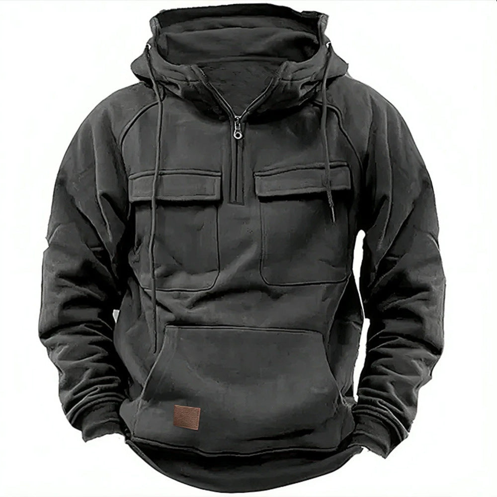 Herren lässiger Kapuzenpullover mit praktischen Taschen und Kunstlederdetails Drune