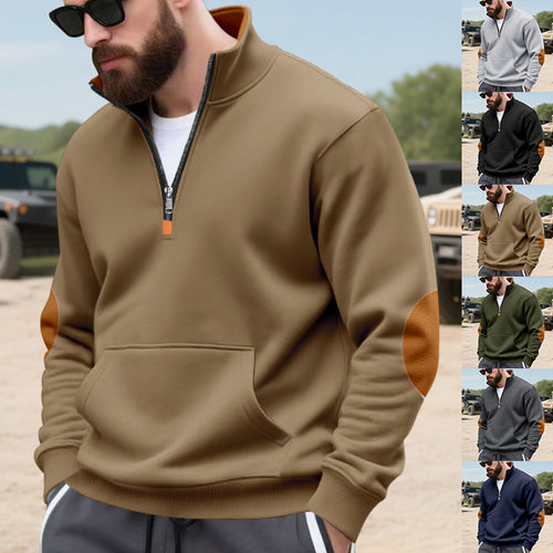 Herren nan Halbzip-Sweatshirt mit Stehkragen, Kängurutasche und kontrastierenden Ellbogenpatches Drune