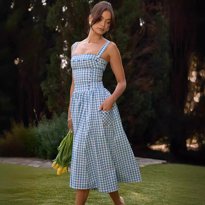 Damen Sommerliches Viskosekleid mit Gingham-Muster und praktischen Taschen Drune
