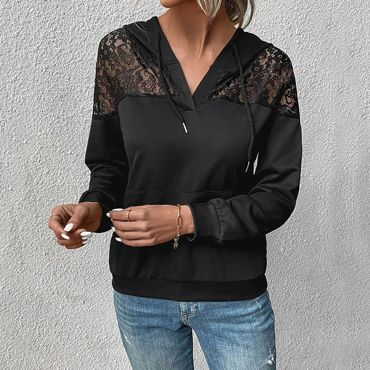 Damen Hoodie mit V-Ausschnitt, Spitzen-Schulterbesatz und Kängurutasche Drune