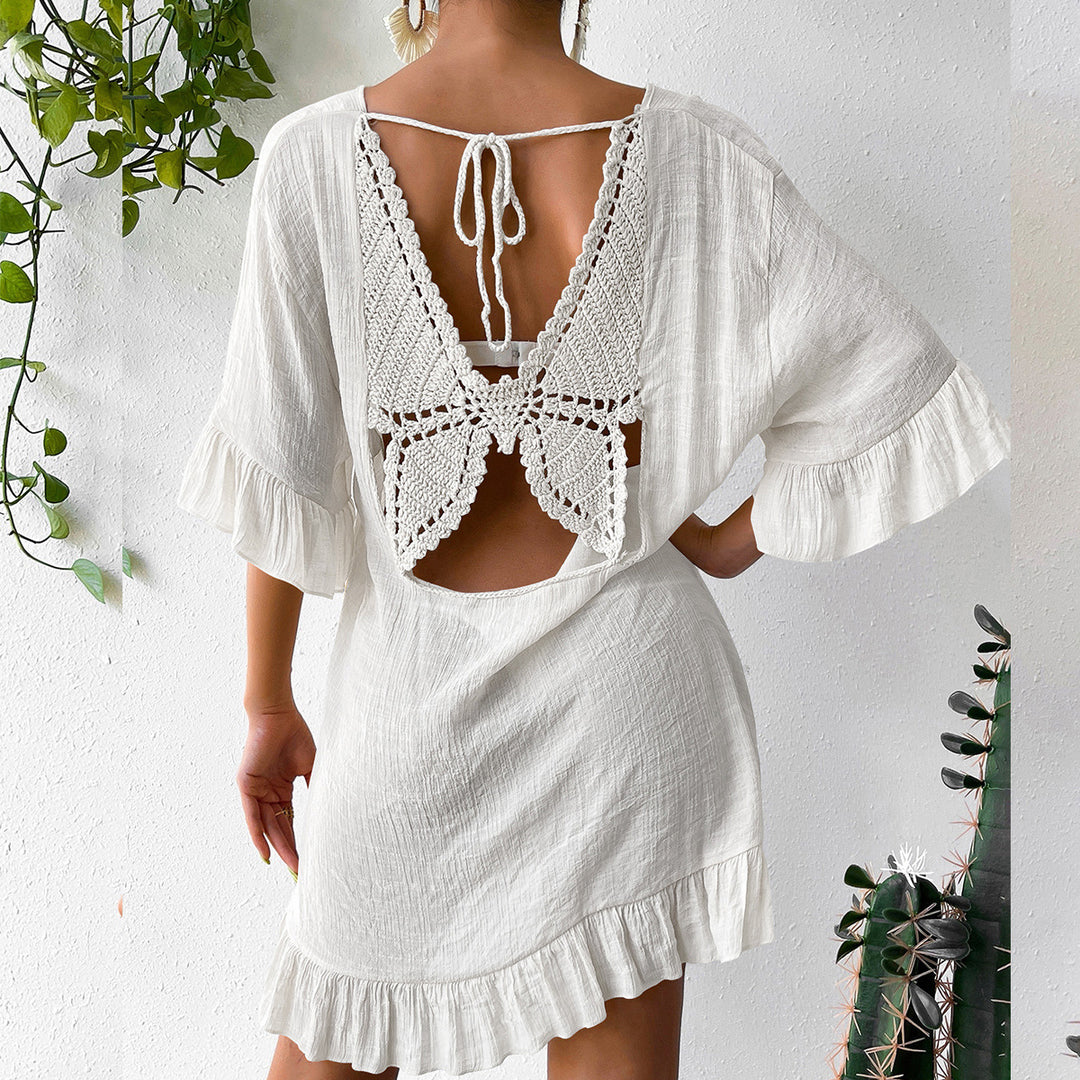 Damen lässiges Strandkleid mit V-Ausschnitt und Rüschensäumen Drune