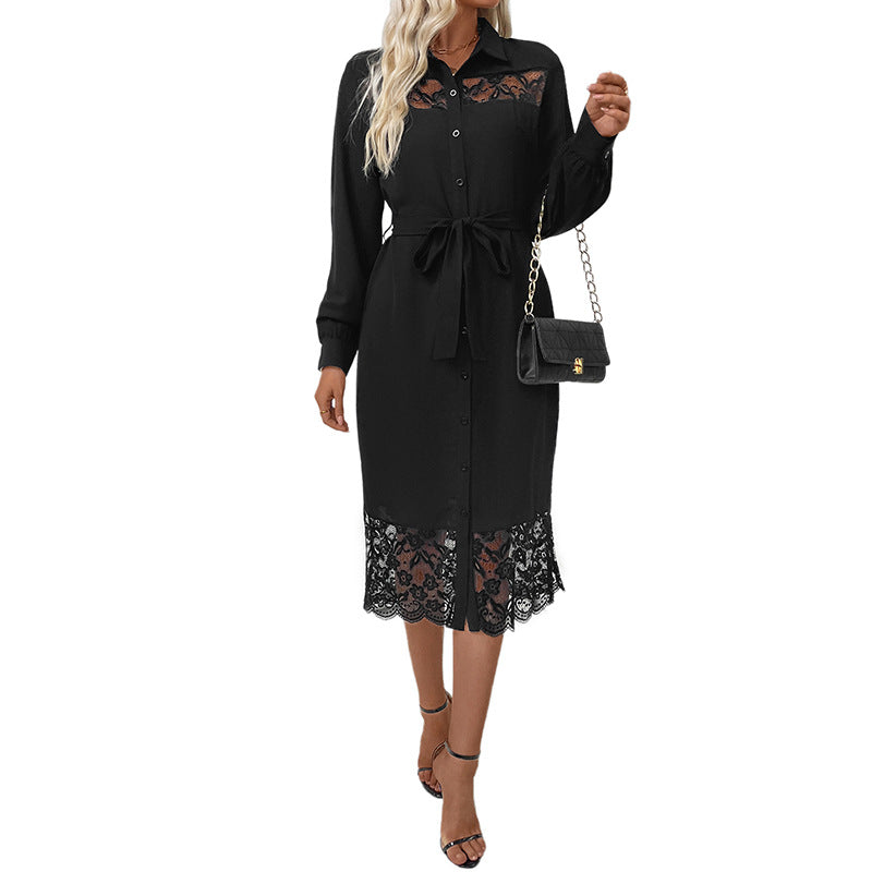 Damen Hemdblusenkleid mit Taillengürtel und Spitzeneinsätzen Drune