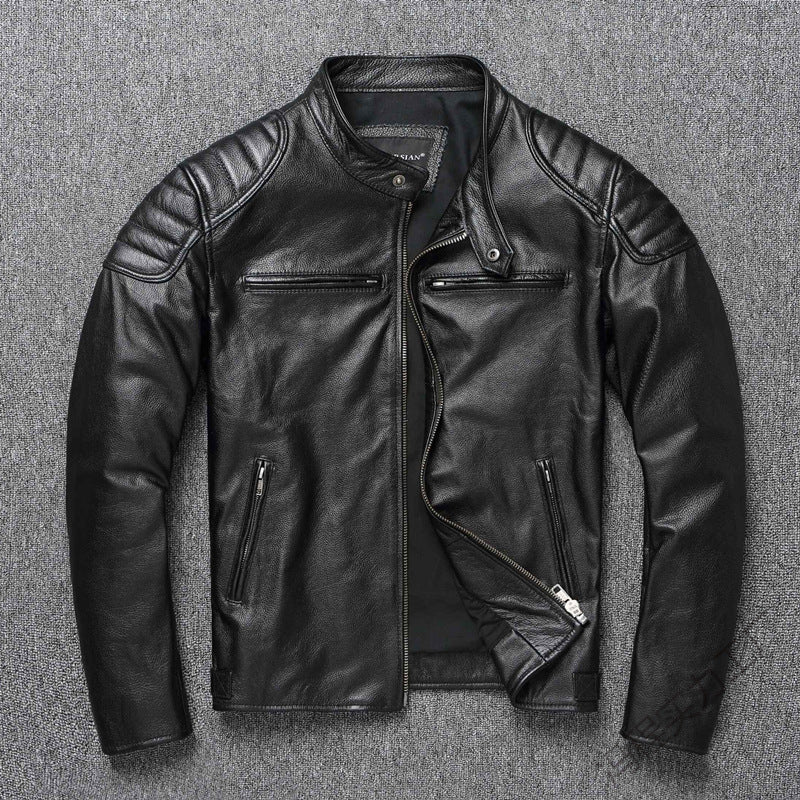 Herren Lederjacke im Vintage-Bikerstil mit Brusttaschen und Reißverschluss Drune