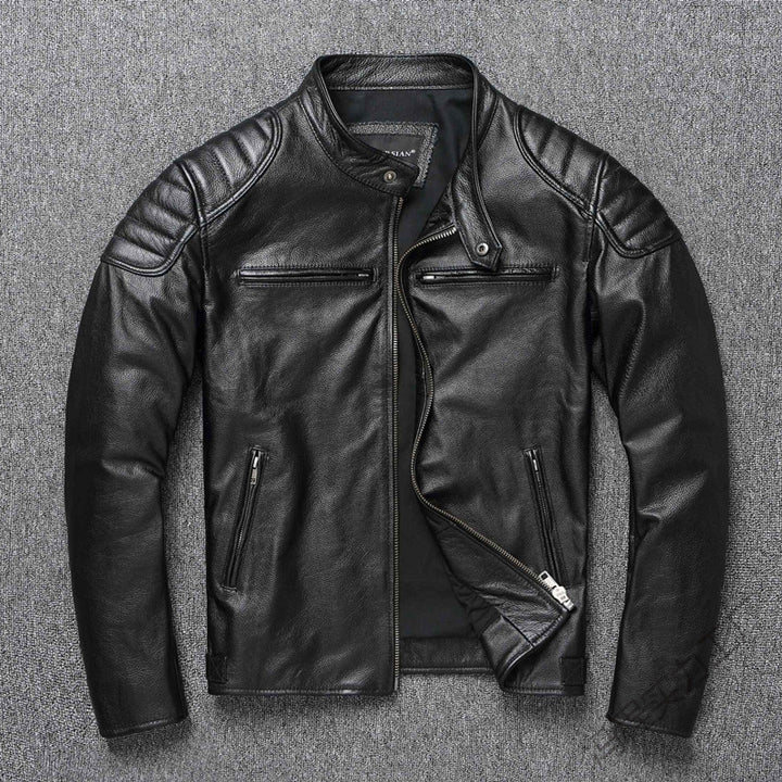 Herren Lederjacke im Vintage-Bikerstil mit Brusttaschen und Reißverschluss Drune