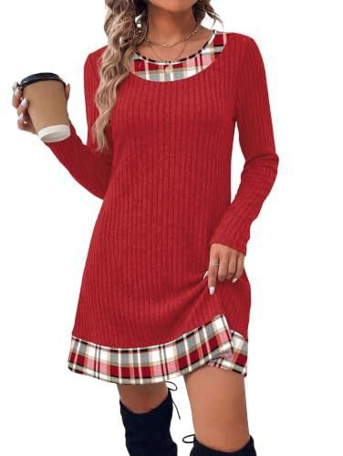 Damen Gerippte Longshirt‑Kleid mit Karierter Saum‑ und Ausschnittblende Drune
