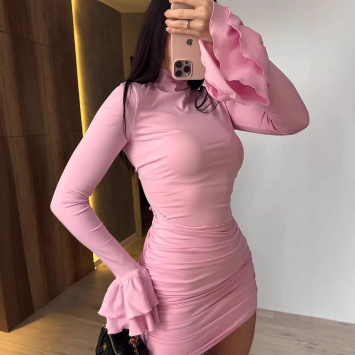Damen Eng anliegendes Minikleid mit Rüschen-Volantärmeln und geraffter Wickeloptik Drune