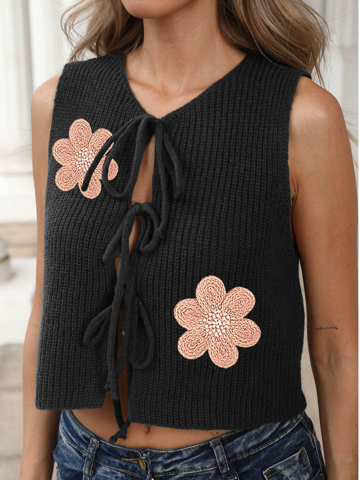 Damen Cropped Stricktop mit floralem Design und Bindebändern Drune