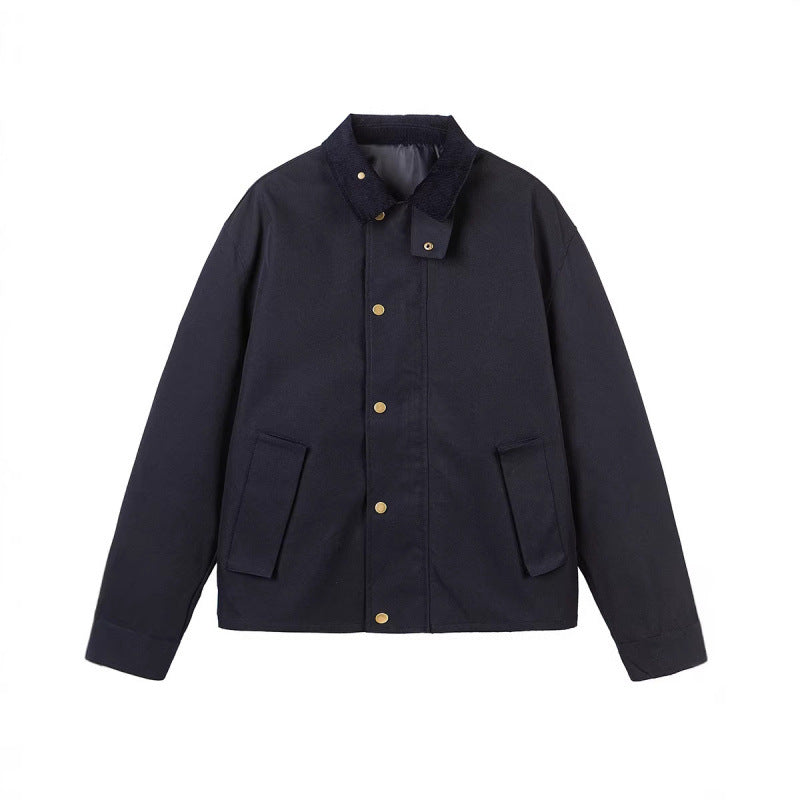 Herren Kurze Boxy-Workerjacke aus robustem Canvas mit Cordkragen und verdeckter Druckknopfleiste Drune