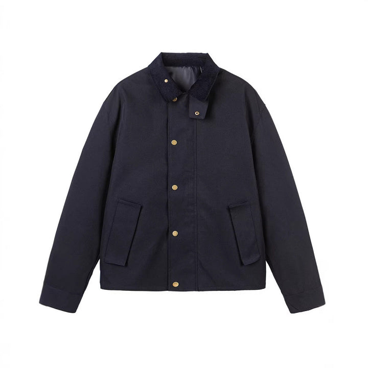 Herren Kurze Boxy-Workerjacke aus robustem Canvas mit Cordkragen und verdeckter Druckknopfleiste Drune