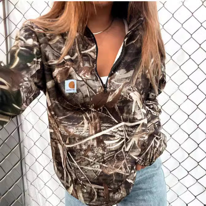 Damen Camouflage Halblang-Reißverschluss Fleece-Sweatshirt mit Kapuze und Kängurutasche Drune