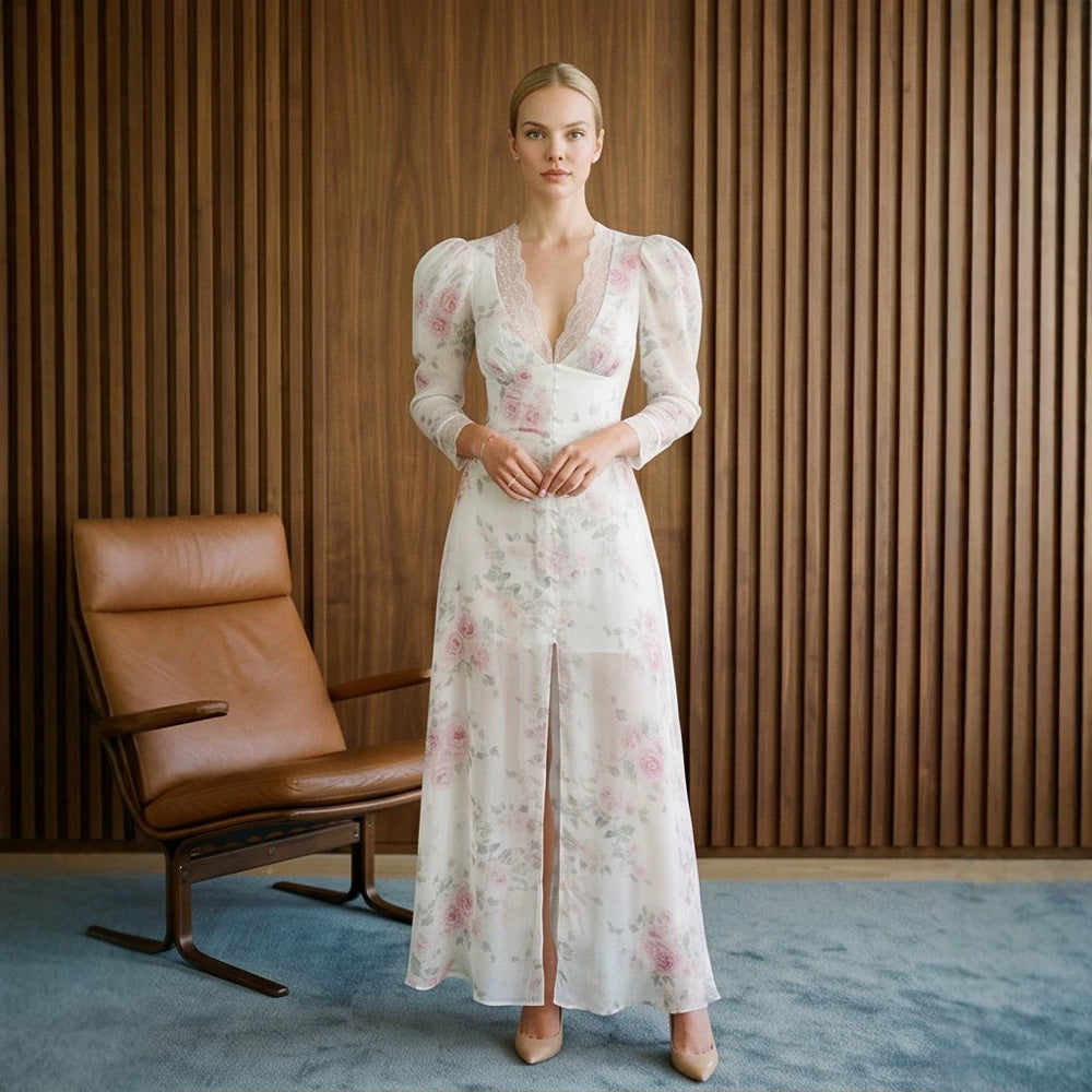 Damen Romantisches Chiffon-Maxikleid mit Spitzen‑V‑Ausschnitt, Puffärmeln und vorderem Schlitz Drune