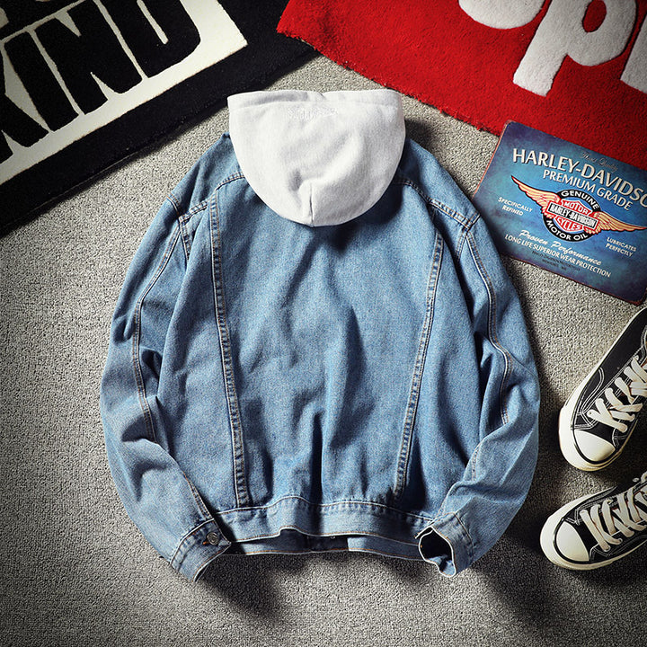 Herren Lässige Denimjacke mit integrierter Kapuze Drune