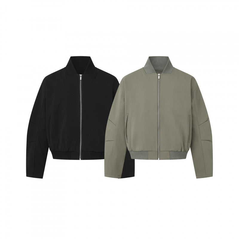 Unisex Kurz geschnittene minimalistische Bomberjacke mit geripptem Stehkragen und verdeckter Reißverschlussblende Drune