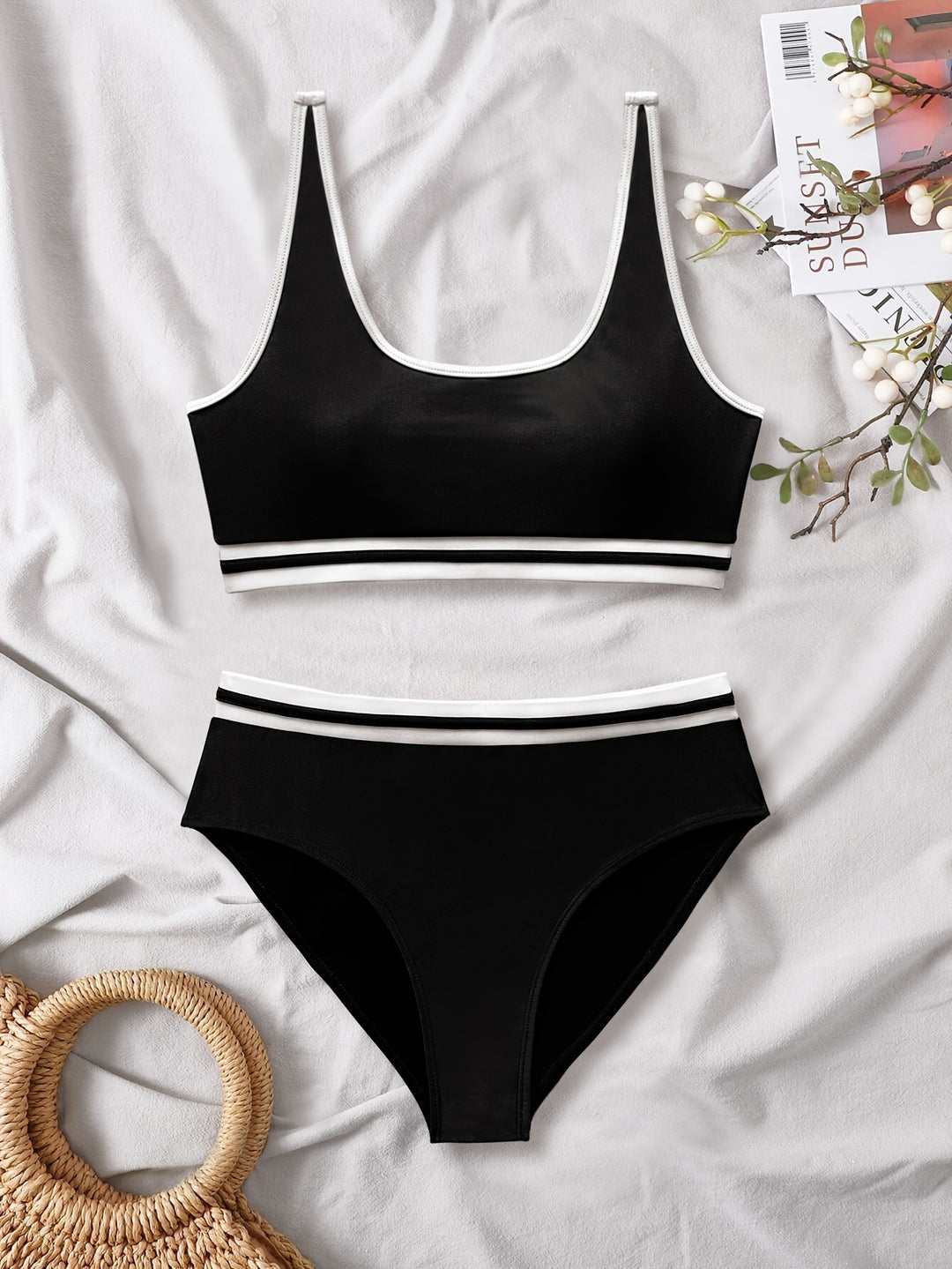 Damen Sportliches Bikini-Set mit elastischen Trägern und Kontrastbündchen Drune