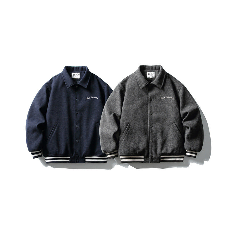 Herren Boxy College‑Blousonjacke aus Wollmix mit Druckknopfverschluss und gestreiften Rippbündchen Drune