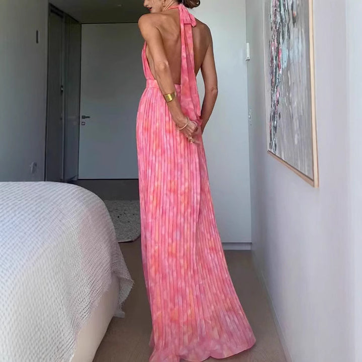 Damen Plissiertes Maxikleid mit tiefem Ausschnitt und elegantem Gürtel Drune