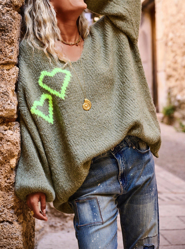 Damen lässiger Strickpullover mit Herzapplikationen und oversize Passform Drune