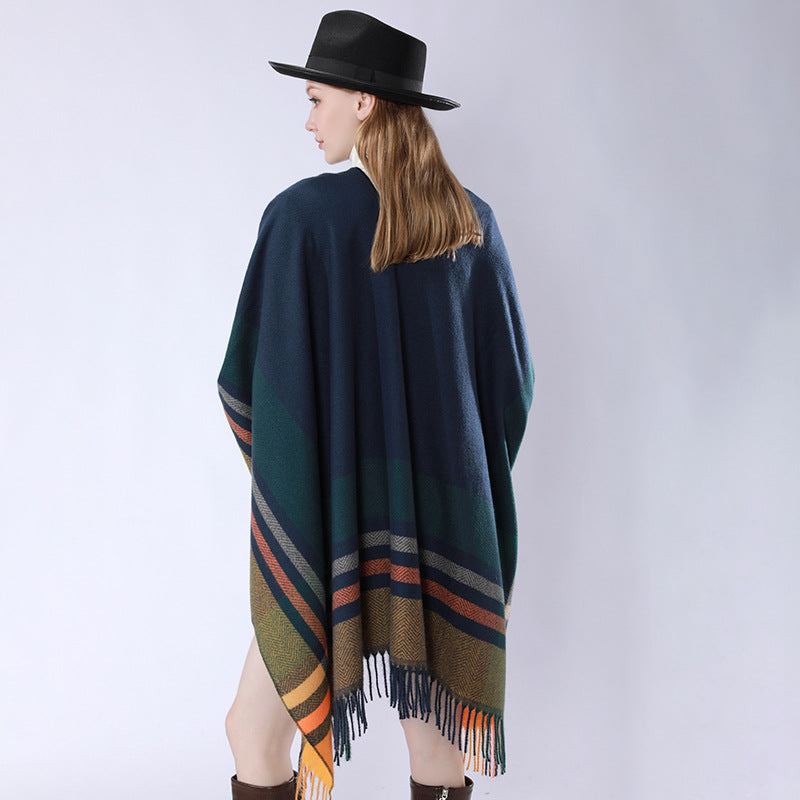 Damen Oversize‑Poncho‑Überwurf mit Tunnelzug, Karomuster und Fransensaum Drune