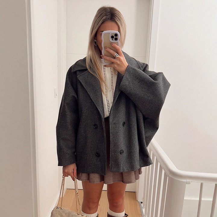 Damen Boxy-Wollmix-Cocoon-Jacke mit doppelreihiger Knopfleiste und weitem Revers Drune