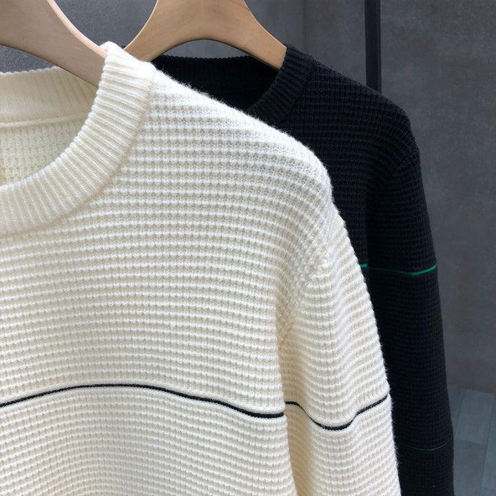 Unisex Strukturierter Waffelstrick-Pullover mit feinen Kontraststreifen Drune