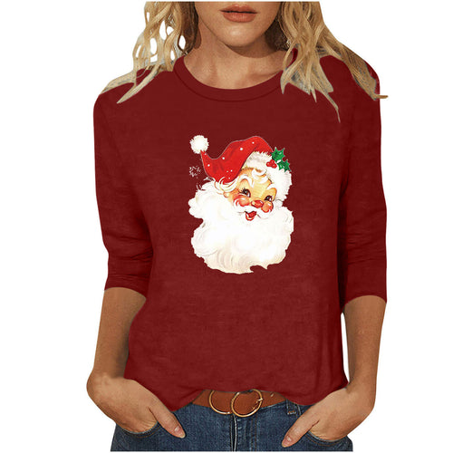 Damen nan lässiges Sweatshirt mit nostalgischem Weihnachtsmannprint und dreiviertelärmeln Drune
