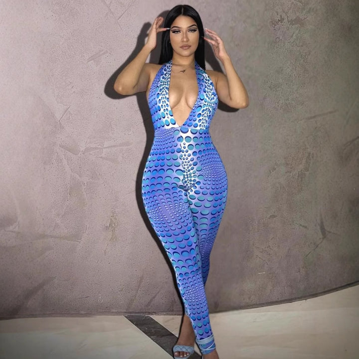 Damen Bodycon Jumpsuit mit tiefem V-Ausschnitt und exklusivem Muster Drune