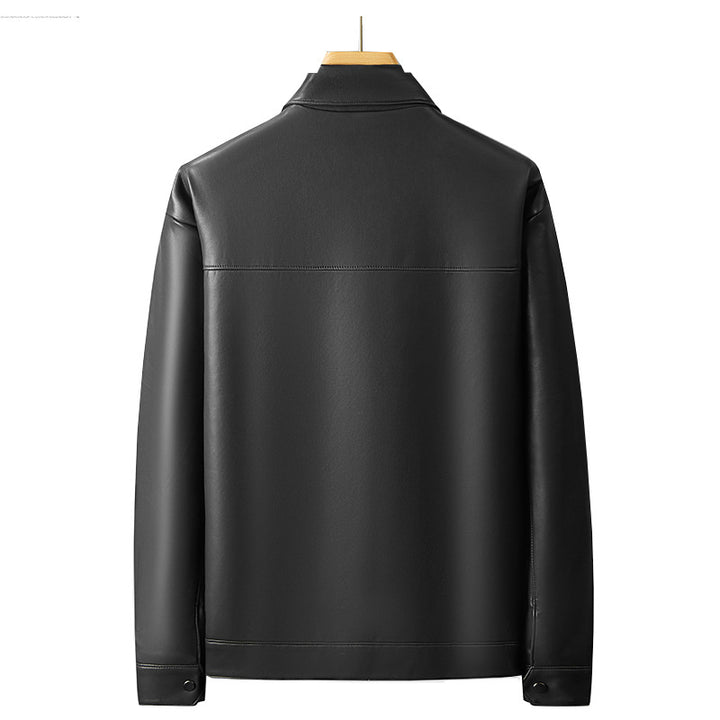 Herren Minimalistische Lederimitat-Utility-Jacke mit Druckknopf-Verschluss und Mehrfachtaschen Drune