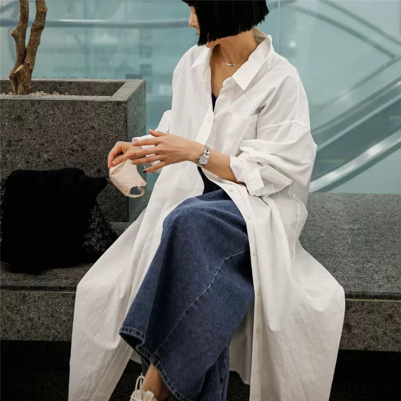 Damen Oversize-Hemdblusenkleid mit langem Saum und verdeckter Knopfleiste Drune