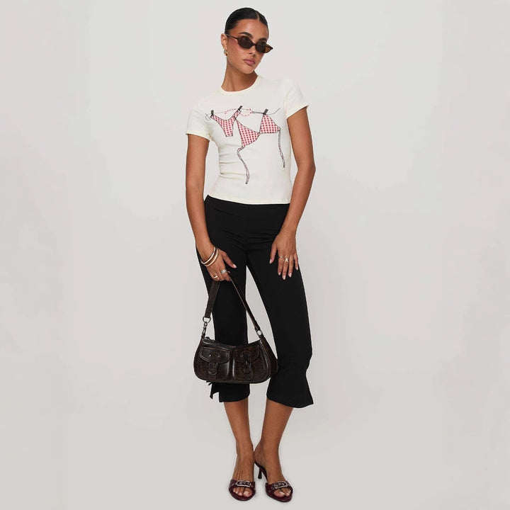 Damen T-Shirt mit kreativem Druck und figurbetontem Schnitt Drune