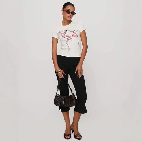 Damen T-Shirt mit kreativem Druck und figurbetontem Schnitt Drune